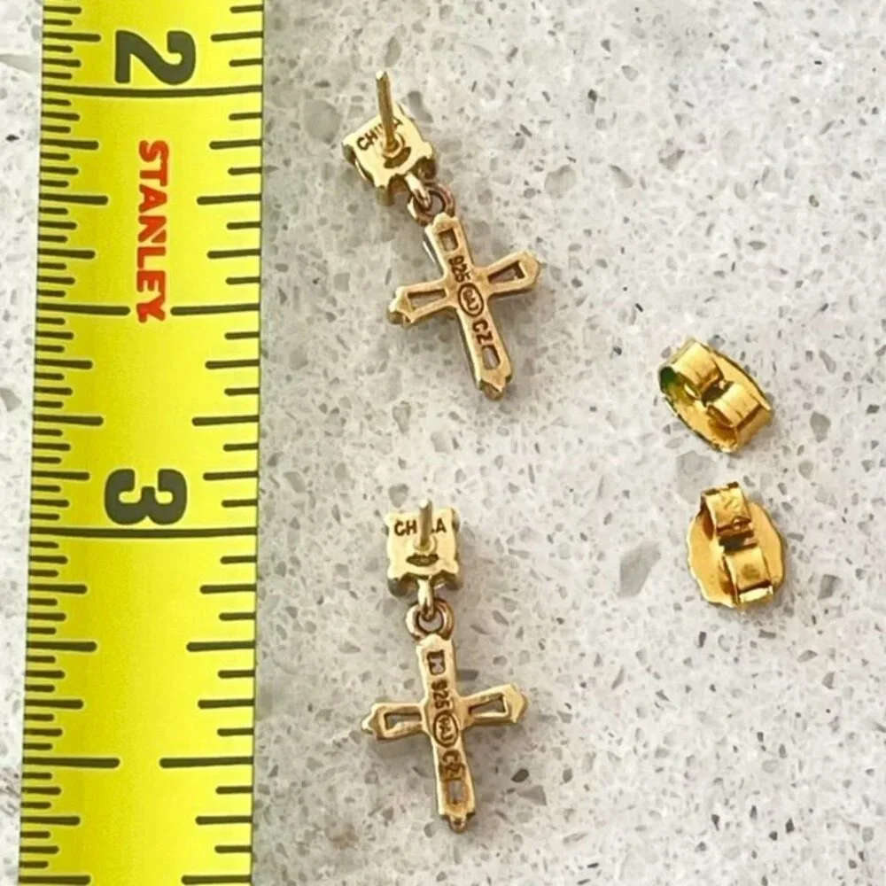 Gold Plated 925 Sterling Silver Cubic Zirconia Cross Drop Earrings - Picture 3 of 3